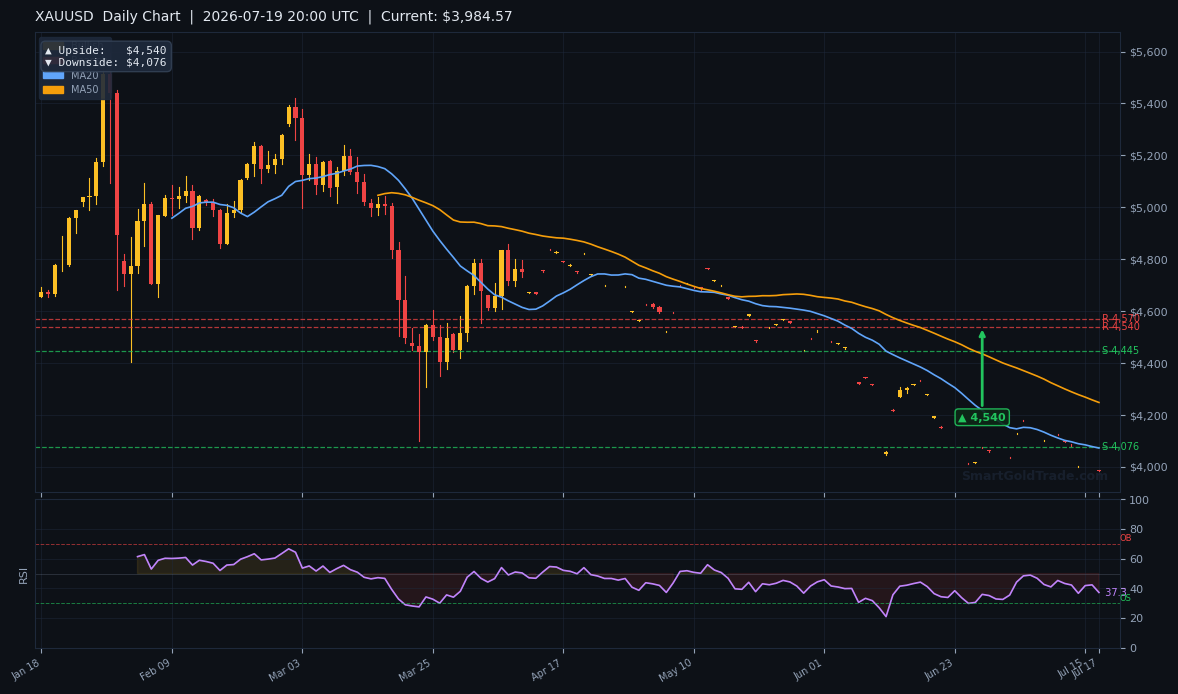 XAUUSD Daily Technical Analysis Chart — July 19, 2026
